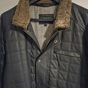 Black Quilted Leather Jacket with Brown Collar
